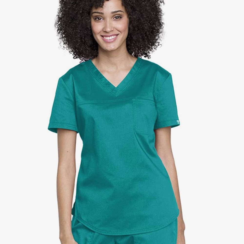 Cherokee Women Scrubs Top Workwear Revolution Tuckable V-Neck Teal Blue